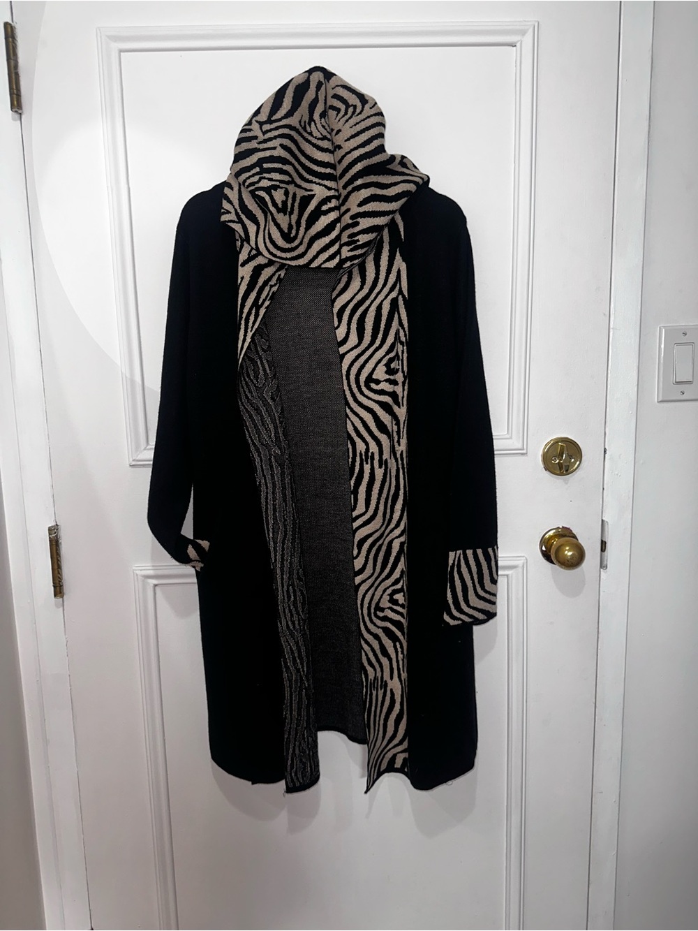 SPANNER Black Cardigan with Taupe Zebra-Print Hood and Trim